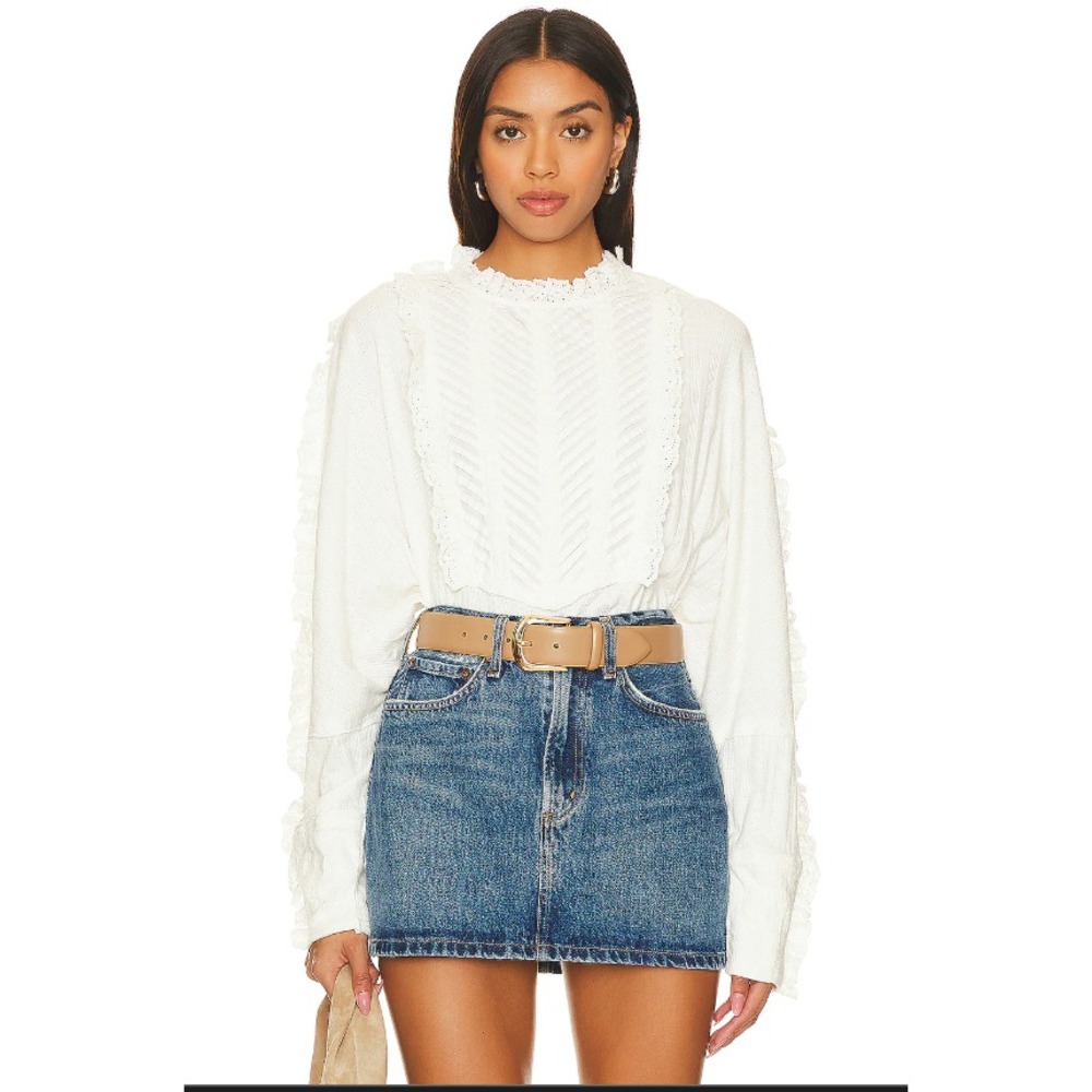 Free People Ivory Textured Pintuck Ruffle Long Sleeve Top OB1753687 White Boho